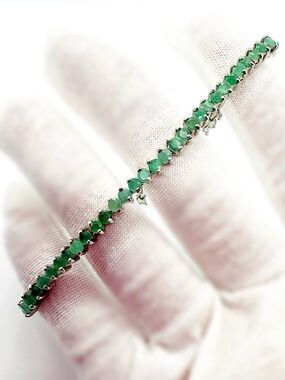 14k White Gold over Silver Green Emerald Jadeite Bracelet!